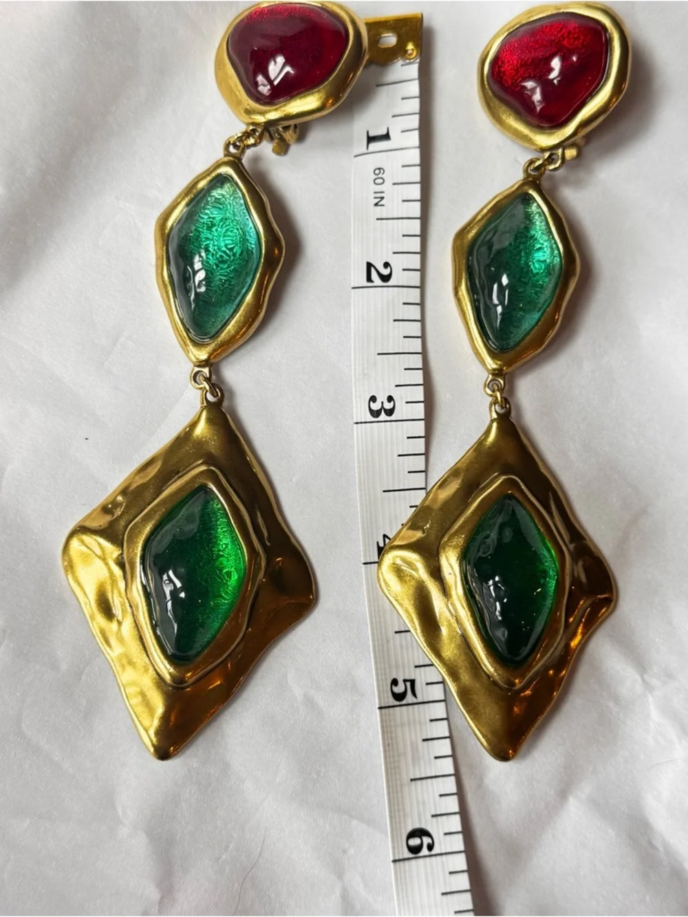 SAINT LAURENT Runway Gold-Tone Drop Earrings with Resin Glass-like cabochons - Picture 3 of 9